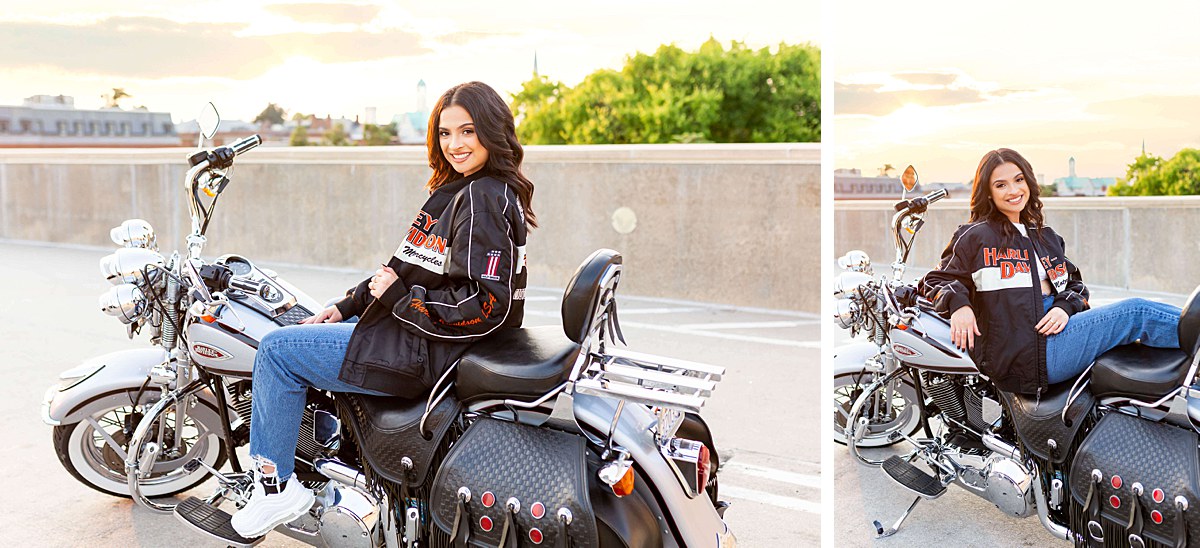 Downtown senior session in Virginia with Harley Davidson