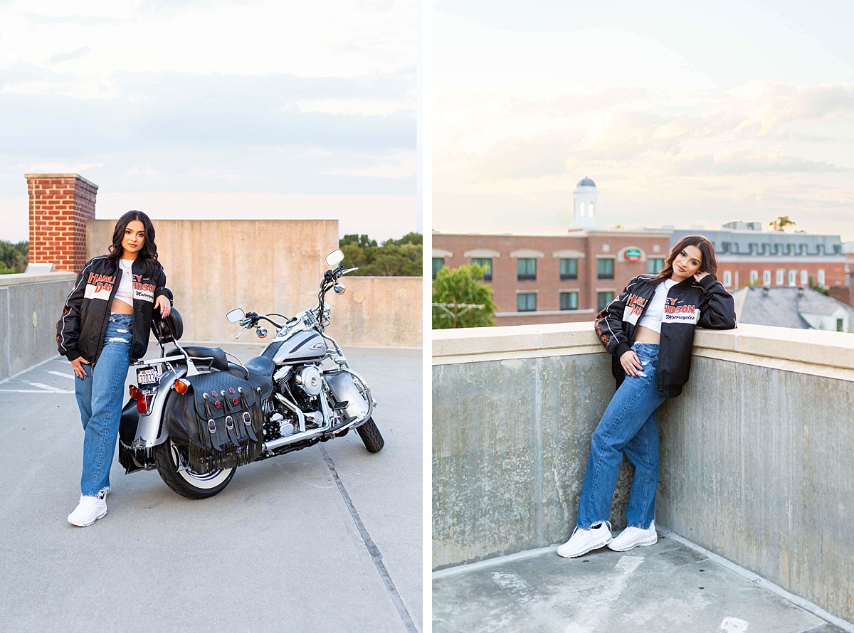 Downtown senior session in Virginia with Harley Davidson