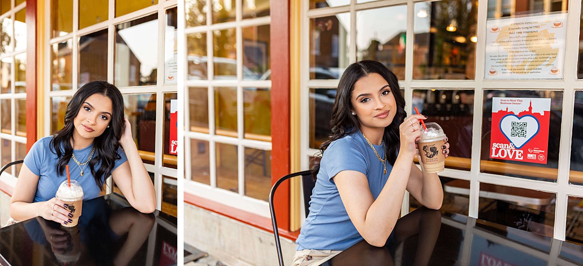 Downtown coffee shop senior session in Virginia 