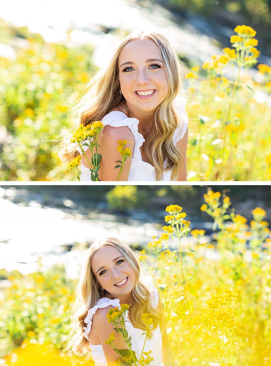 Downtown River  senior session with flower field in Virginia