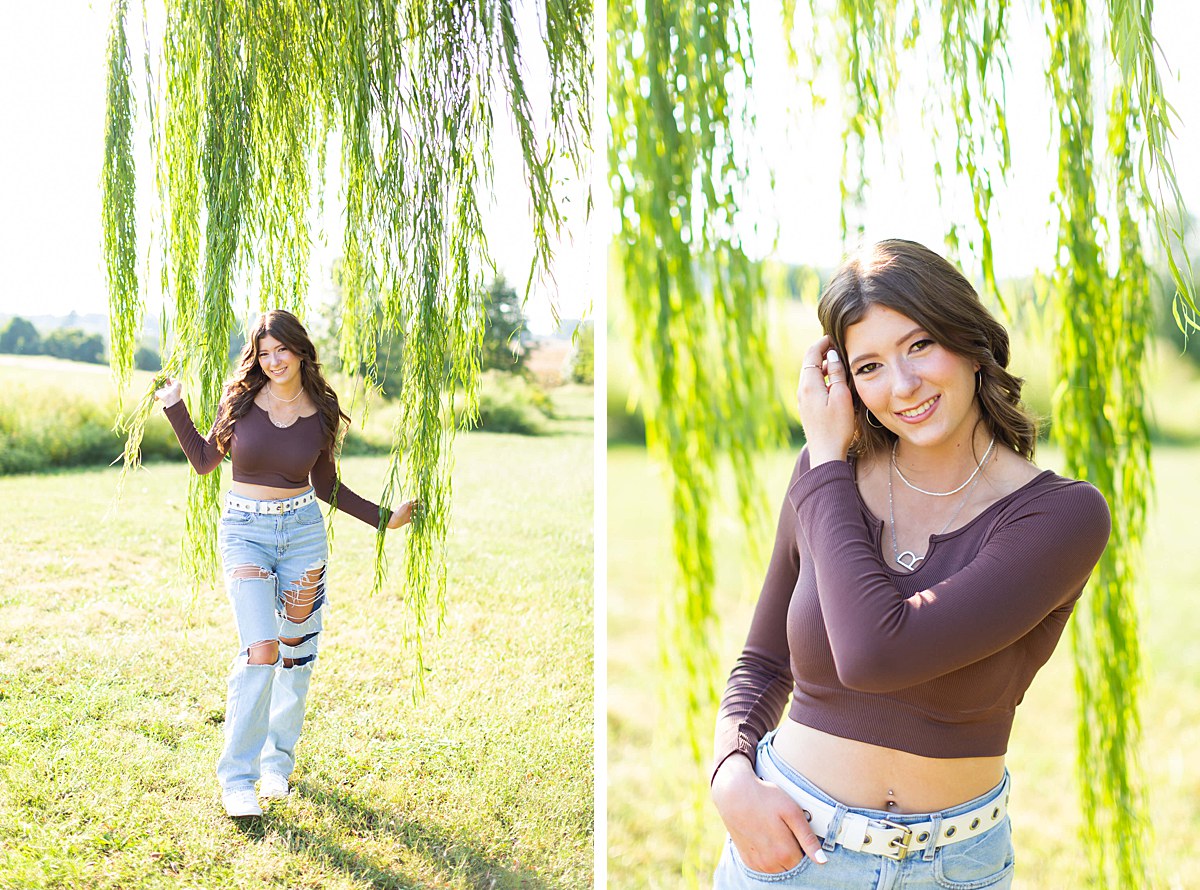 Summer Senior Session with weeping willow trees